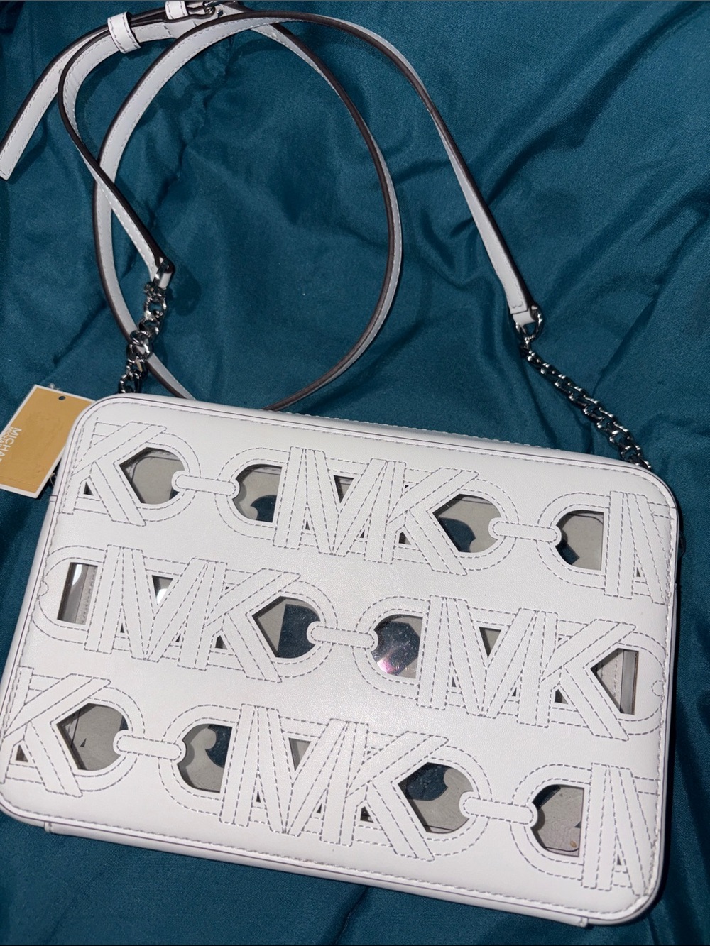 NWT Michael Kors White Laser-Cut MK Leather Crossbody FREE unbranded xl dusty